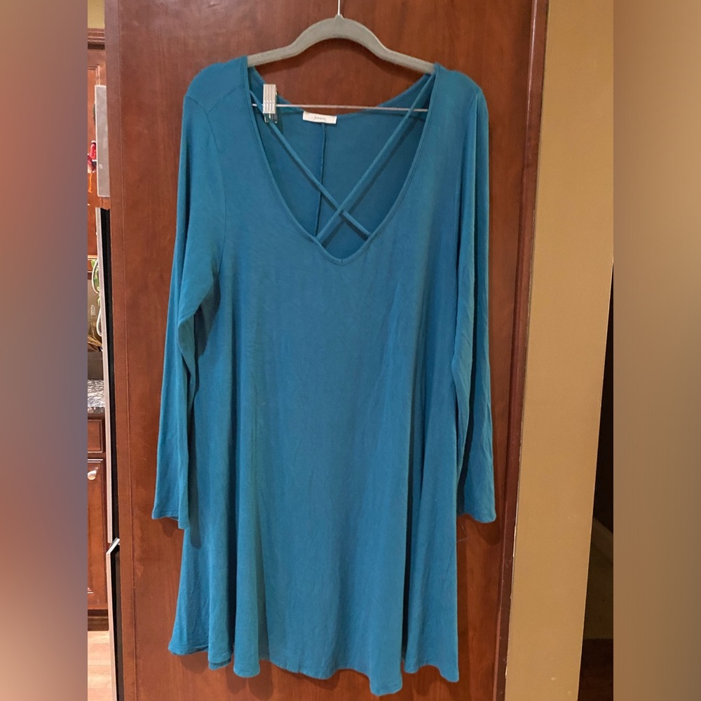JODIFL Teal Long Sleeve Crisscross V-Neck Swing Dress